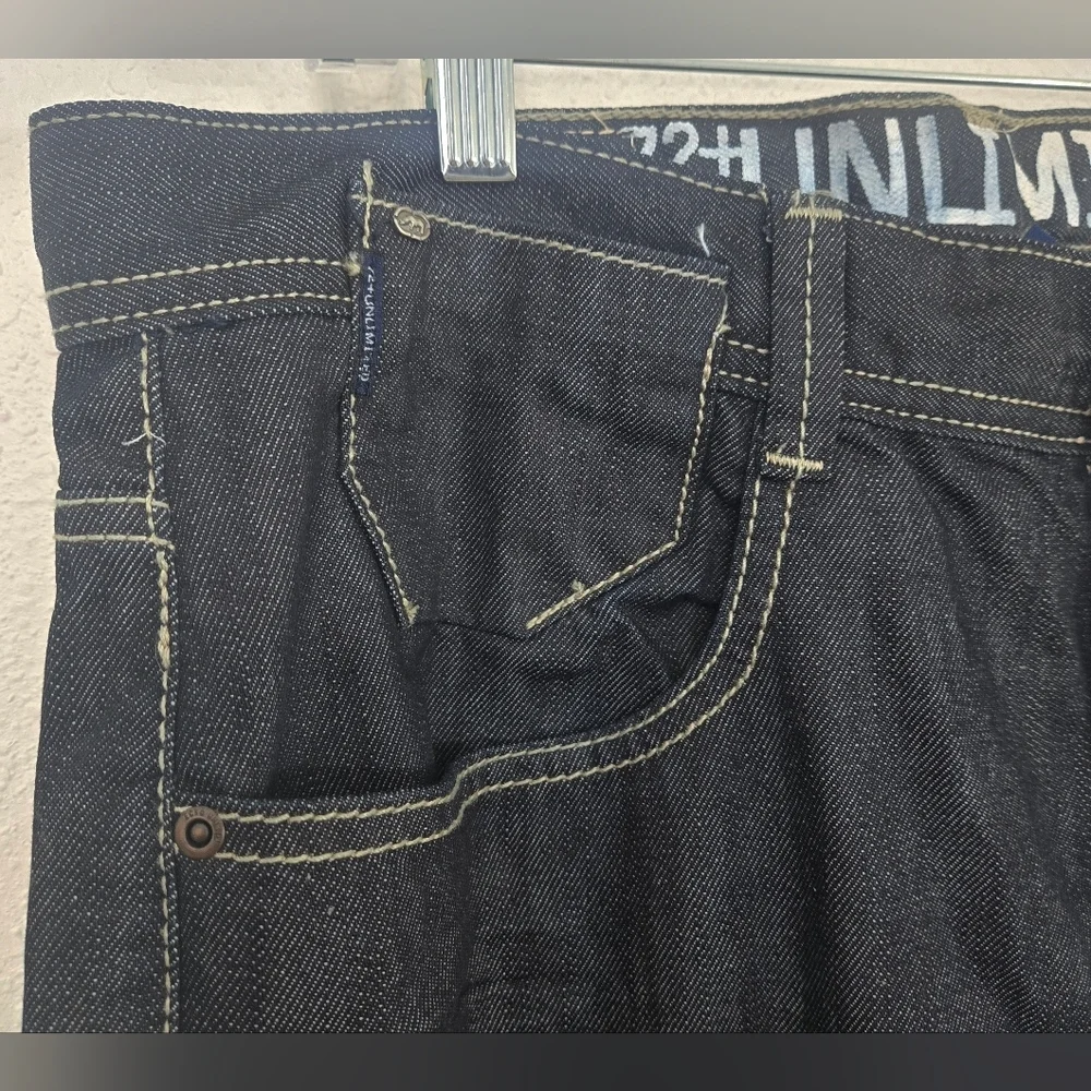 Ecko Unlimited Men's 72+ Loose Fit Jeans Blue/Black Grunge Y2K Skater, 34/32